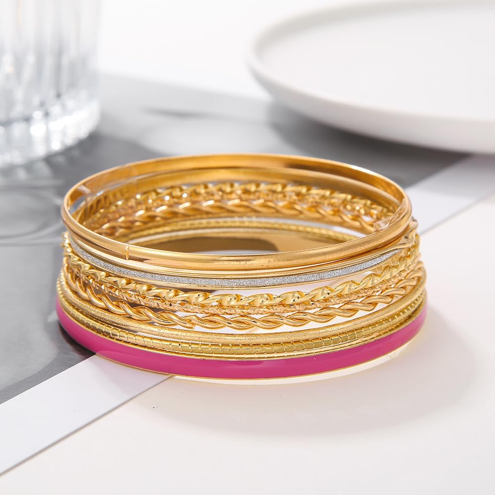 RINTOLER 16Pcs Gold Bangle Bracelets Set for Girls - Multi Layer Stackable Textured Bracelets Boho Jewelrys for Women.