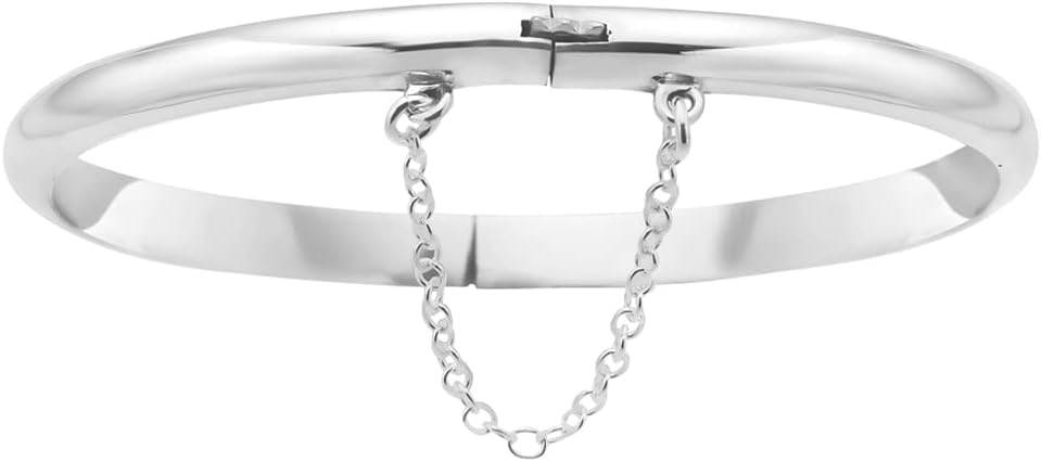 Ritastephens Sterling Silver Polished or Floral Engrave Hinged Bangle Bracelet with Chain