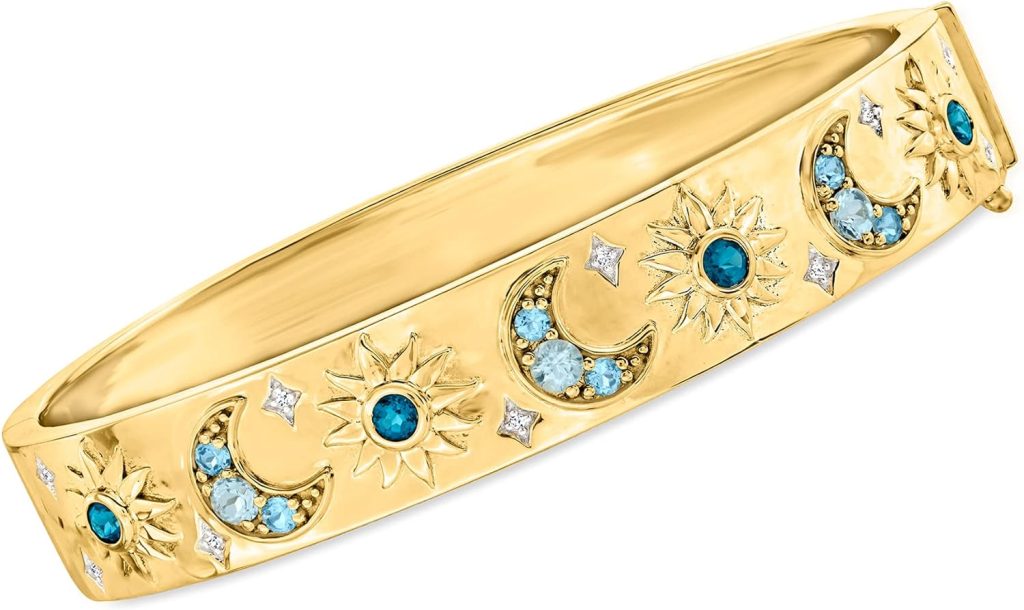 Ross-Simons 0.90 ct. t.w. Tonal Blue Topaz Celestial Bangle Bracelet in 18kt Gold Over Sterling. 7 inches