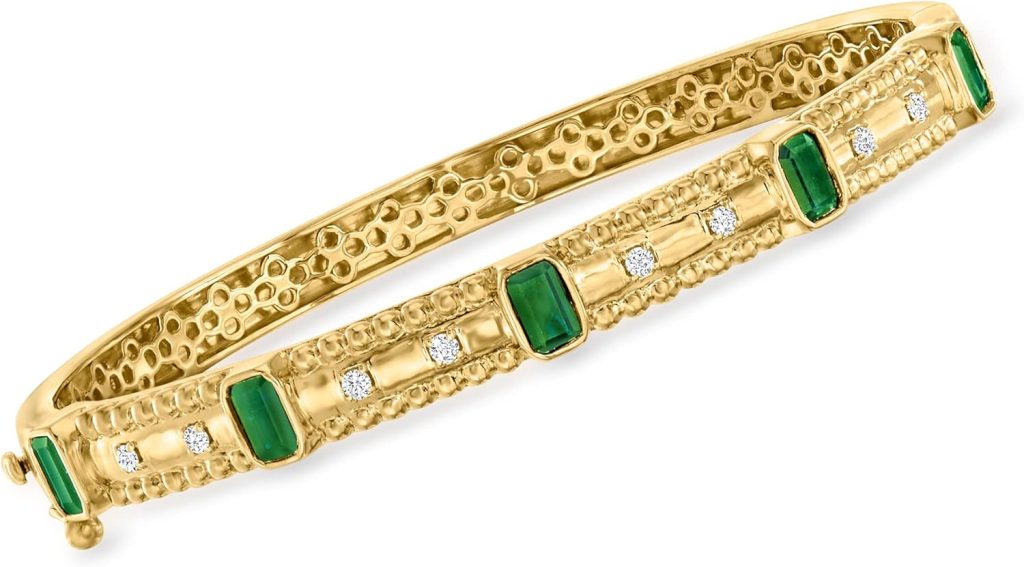 Ross-Simons 1.40 ct. t.w. Emerald and .14 ct. t.w. Diamond Bangle Bracelet in 18kt Gold Over Sterling