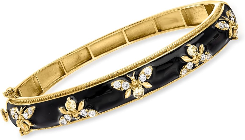 Ross-Simons 1.40 ct. t.w. White Topaz and Black Enamel Bumblebee Bangle Bracelet in 18kt Gold Over Sterling