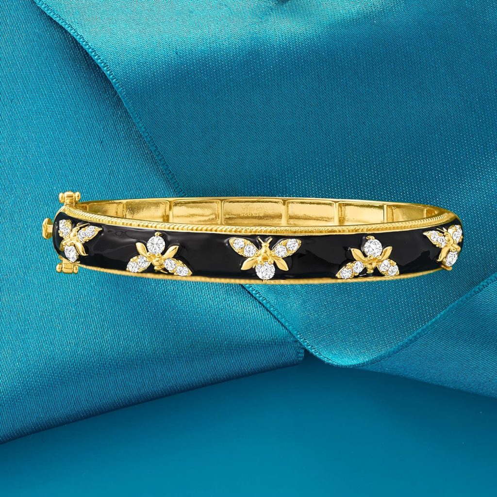 Ross-Simons 1.40 ct. t.w. White Topaz and Black Enamel Bumblebee Bangle Bracelet in 18kt Gold Over Sterling