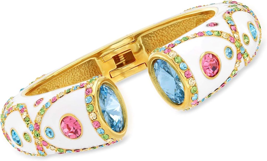 Ross-Simons Multicolored Crystal and Blue Swarovski Crystal Cuff Bracelet With White Enamel in 18kt Gold Over Sterling