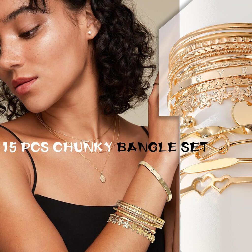 17IF Gold Bangle Bracelet For Women, 14k Multilayer Charm Textured Stackable Bracelets Boho Indian Chunky Cuff Fashion Jewelry Gift