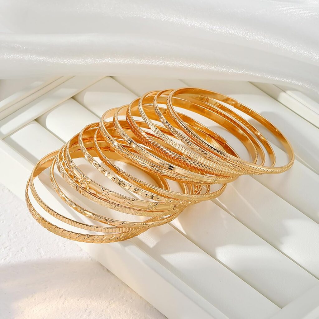 17IF Gold Bangle Bracelet For Women, 14k Multilayer Charm Textured Stackable Bracelets Boho Indian Chunky Cuff Fashion Jewelry Gift