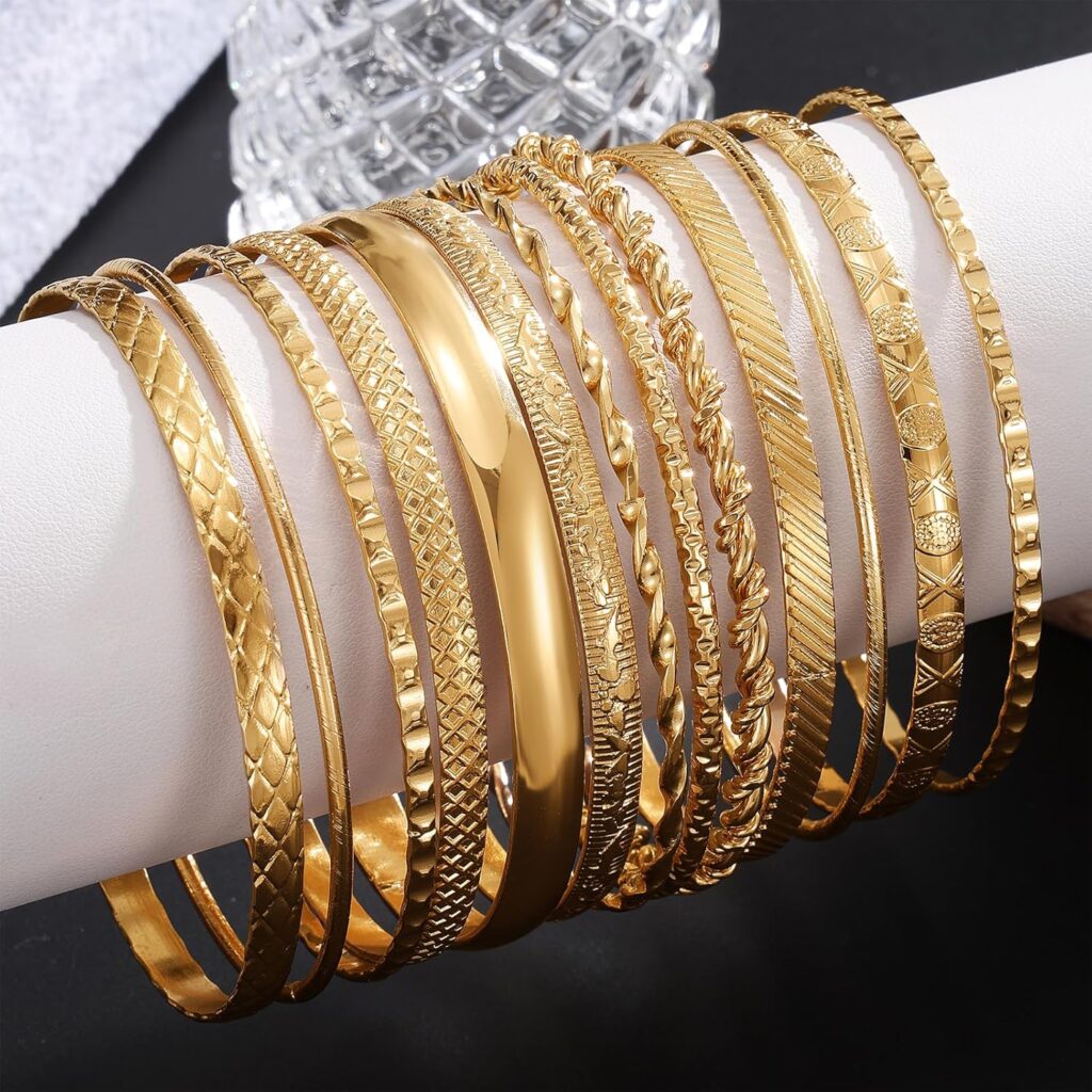 17IF Gold Bangle Bracelet For Women, 14k Multilayer Charm Textured Stackable Bracelets Boho Indian Chunky Cuff Fashion Jewelry Gift