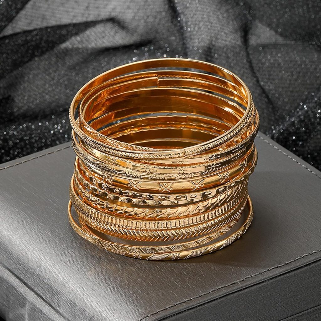 17IF Gold Bangle Bracelet For Women, 14k Multilayer Charm Textured Stackable Bracelets Boho Indian Chunky Cuff Fashion Jewelry Gift