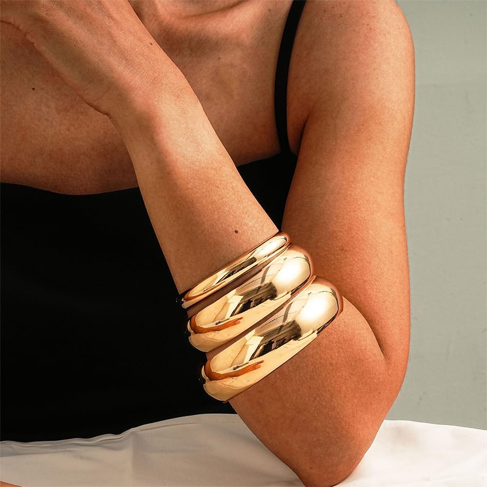 3 Pieces Gold Chunky Bracelets for Women Golden Bangles for Women Punk Style Wide Chunky Cuff Bracelets Stack 3 Pieces Gold Chunky Bracelets for Women Golden Bangles for Women Punk Style Wide Chunky Cuff Bracelets Stack