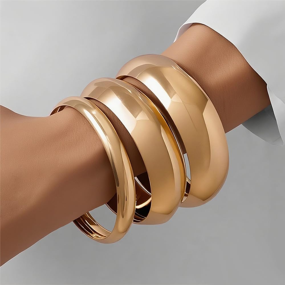3 Pieces Gold Chunky Bracelets for Women Golden Bangles for Women Punk Style Wide Chunky Cuff Bracelets Stack 3 Pieces Gold Chunky Bracelets for Women Golden Bangles for Women Punk Style Wide Chunky Cuff Bracelets Stack