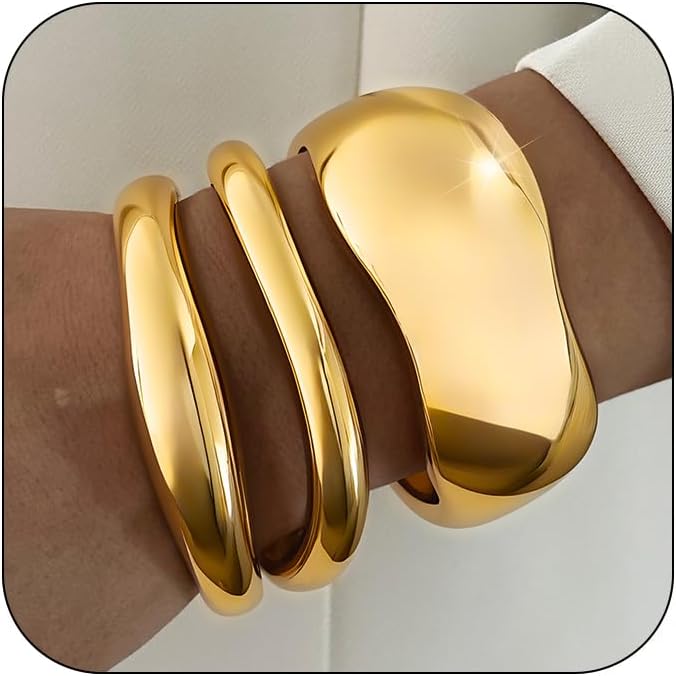 3Pcs Chunky Gold Bangles Bracelets for Women, Spring Hinged Big Stackable Bangles Set, Trendy Cuff Bracelet Stack Fashion Jewelry Gifts 3Pcs Chunky Gold Bangles Bracelets for Women, Spring Hinged Big Stackable Bangles Set, Trendy Cuff Bracelet Stack Fashion Jewelry Gifts