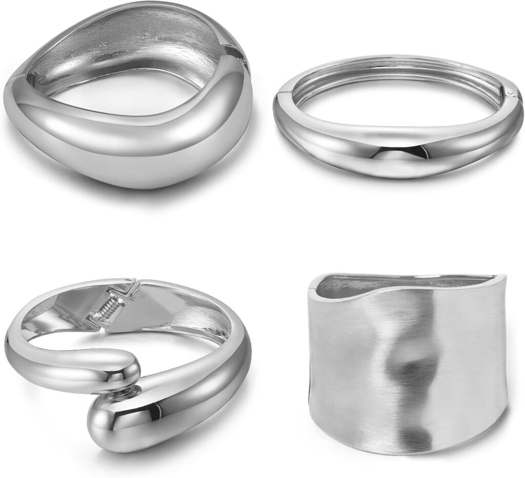 4 Pcs Women Golden Silvery Cuff Bracelet Hinged Design Bracelet Trendy Chunky Cuff Bangle Thick Golden Silvery Bracelets for Women 4 Pcs Women Golden Silvery Cuff Bracelet Hinged Design Bracelet Trendy Chunky Cuff Bangle Thick Golden Silvery Bracelets for Women