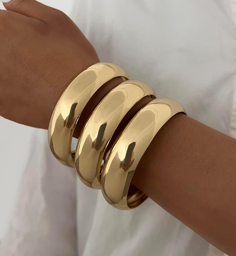 Chunky Gold Bangle Bracelets for Women, Dainty 14k Gold Plated Big Stackable Bangles Set, Trendy Cuff Bracelet Stack Fashion Jewelry Gifts