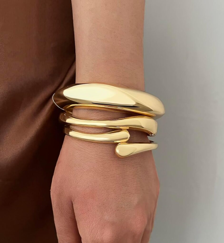 Chunky Gold Bangle Bracelets for Women, Dainty 14k Gold Plated Big Stackable Bangles Set, Trendy Statement Cuff Bracelet Stack Fashion Jewelry Christmas Gifts Chunky gold bangle bracelets for women review picture