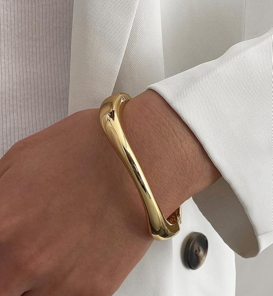 Chunky Gold Bangle Bracelets for Women, Dainty 14k Gold Plated Big Stackable Bangles Set, Trendy Statement Cuff Bracelet Stack Fashion Jewelry Christmas Gifts Chunky gold bangle bracelets for women review visual