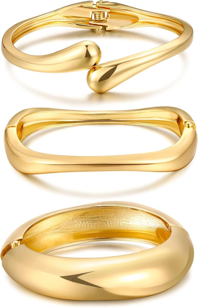 Chunky Gold Bangle Bracelets for Women, Dainty 14k Gold Plated Big Stackable Bangles Set, Trendy Statement Cuff Bracelet Stack Fashion Jewelry Christmas Gifts Chunky gold bangle bracelets for women review picture