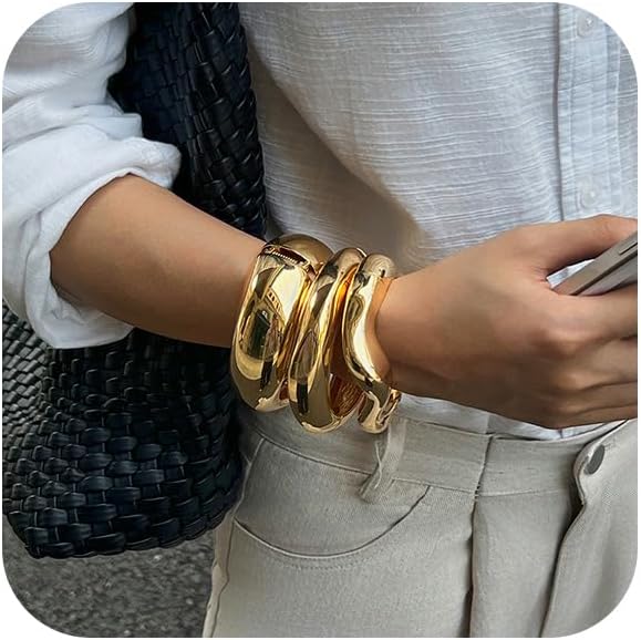 Salircon Gold Bangle Bracelets for Women Gold Wide Chunky Bracelets Trendy Hinged Cuff Open Chunky Bracelet Irregular Jewelry