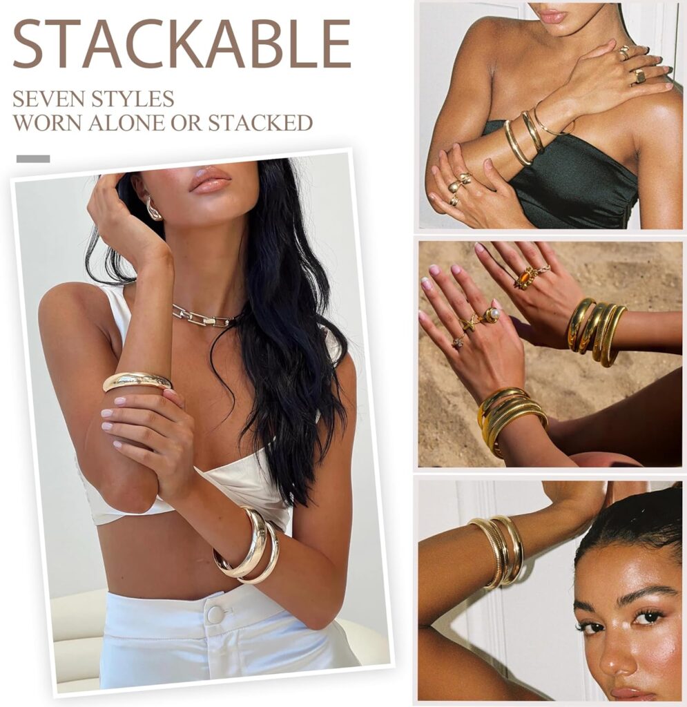 YEEZII Gold Bangle Bracelets for Women, 7Pcs 14K Gold Plated Boho Indian Multi Stackable Textured Bracelets, Chunky Bangles Set for Women Jewelry Gifts