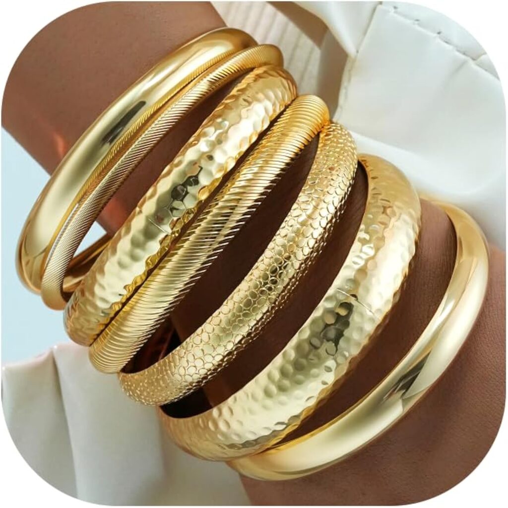 YEEZII Gold Bangle Bracelets for Women, 7Pcs 14K Gold Plated Boho Indian Multi Stackable Textured Bracelets, Chunky Bangles Set for Women Jewelry Gifts