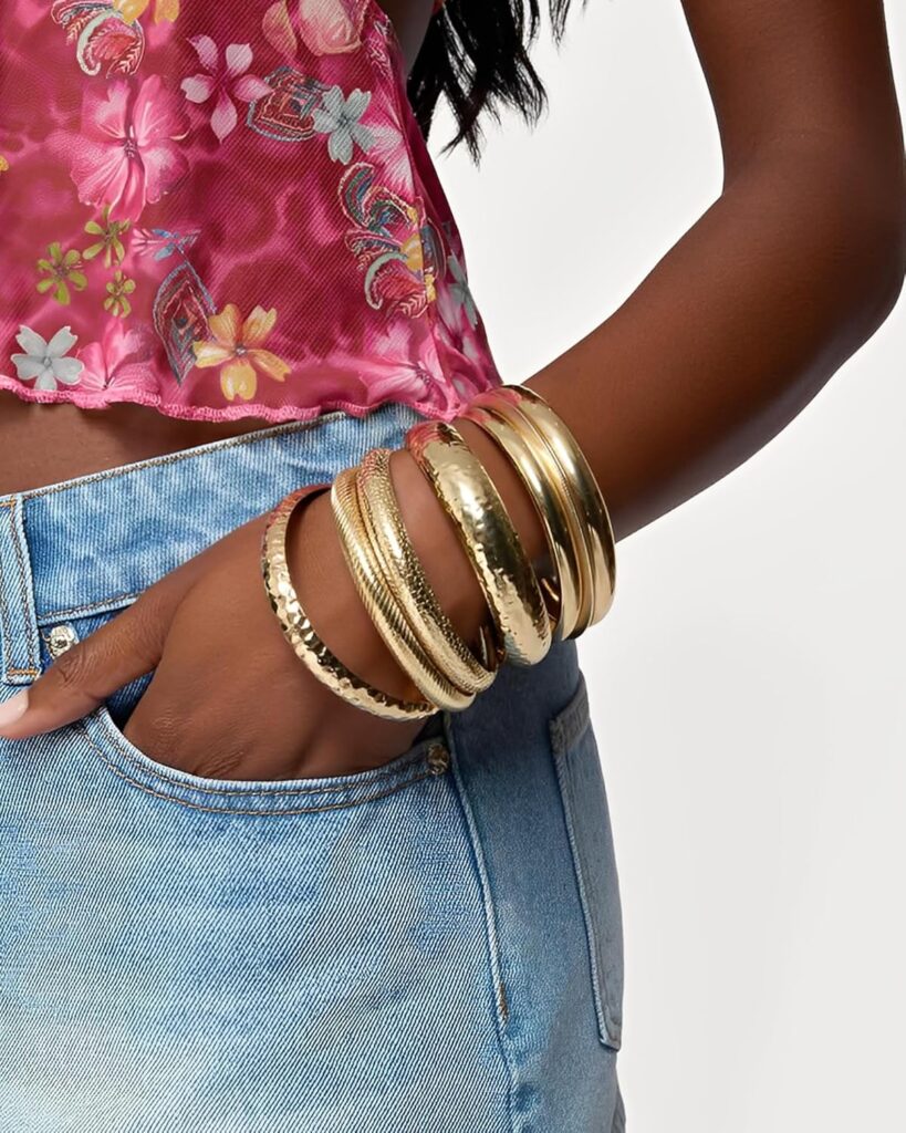 YEEZII Gold Bangle Bracelets for Women, 7Pcs 14K Gold Plated Boho Indian Multi Stackable Textured Bracelets, Chunky Bangles Set for Women Jewelry Gifts