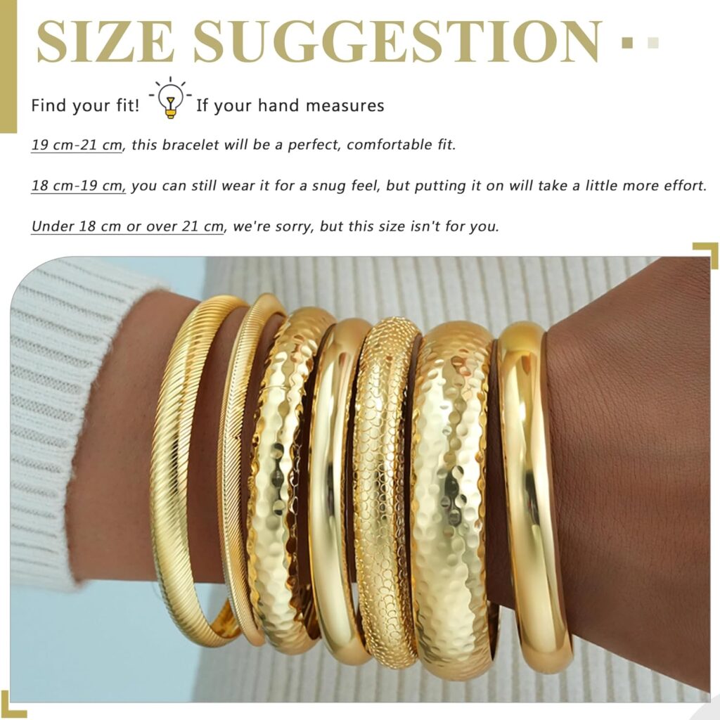 YEEZII Gold Bangle Bracelets for Women, 7Pcs 14K Gold Plated Boho Indian Multi Stackable Textured Bracelets, Chunky Bangles Set for Women Jewelry Gifts