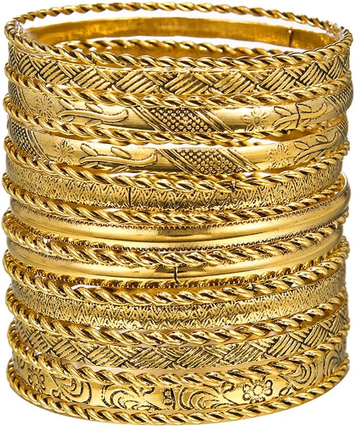16Pcs Gold Bangle Bracelets for Women - Multi Layer Stackable Textured Bracelets Boho Jewelrys Set.