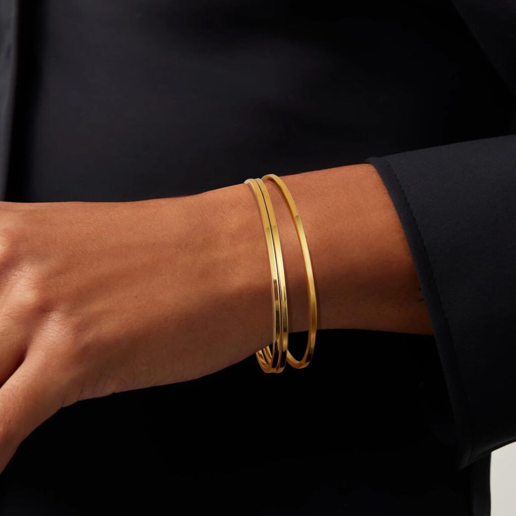 18K Gold Plated Bangles for Women Stainless Steel Glossy Stackable Thin Round Bracelets Solid Plain Polished Bangles Bracelets Set of 3 Jewelry for Women 18k gold plated bangles for women review image
