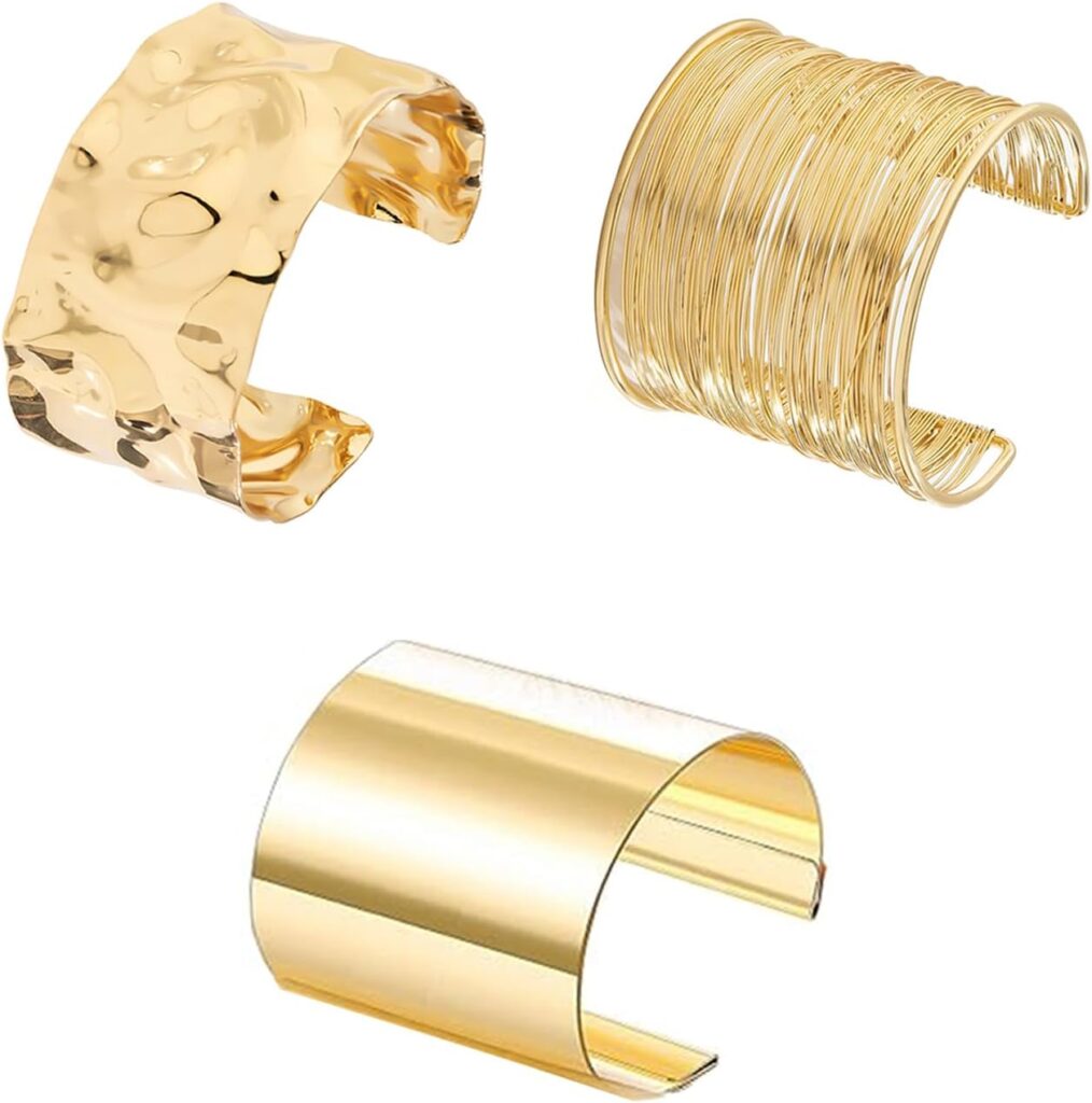 3PCS Chunky Gold Cuff Bracelets for Women Gold Statement Bangle Bracelets Set Arm Cuff Upper Arm Punk Jewelry 3pcs chunky gold cuff bracelets review visual
