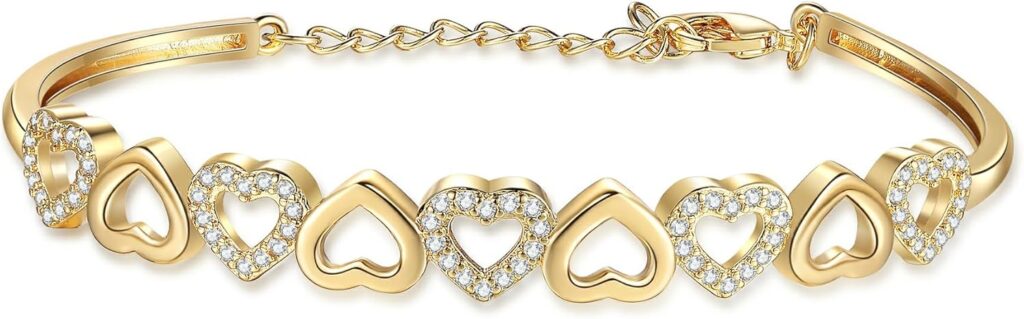 Amy and Annette 14K Gold Plated Hearts Bangle Adjustable Bracelet with Crystals in 14K Gold Amy and annette 14k gold hearts bangle review visual