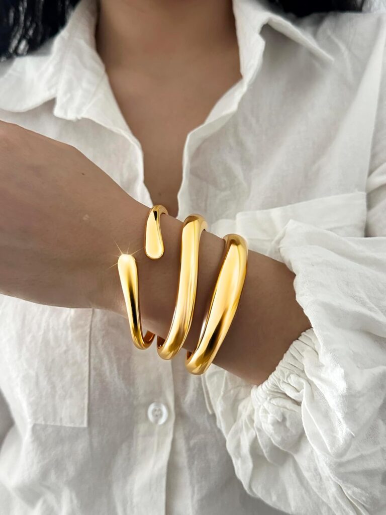 Chunky Gold Bangles for Women, 14k Gold Plated Twisted Hinged Stackable Bangle Bracelet Set, Trendy Cuff Bracelet Stack Fashion Jewelry Gifts Chunky gold bangles for women review picture