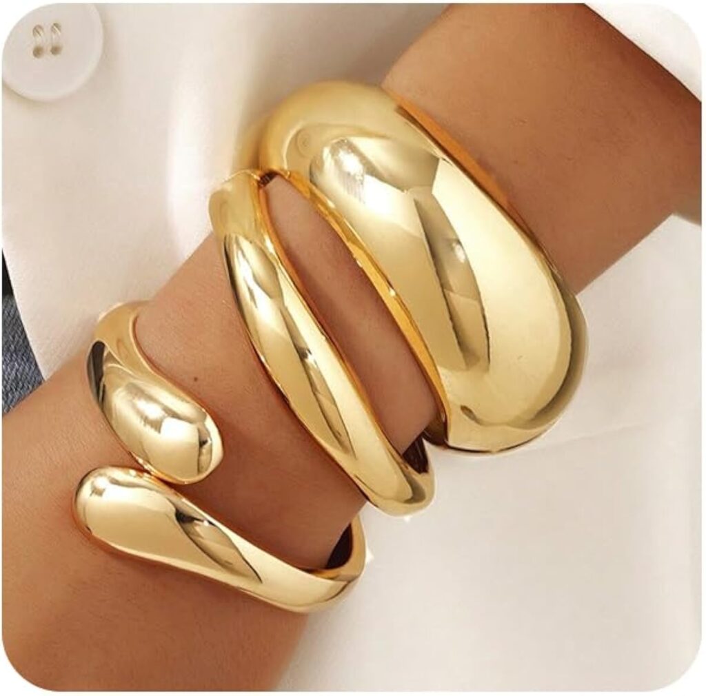 FIRAZIO 3PCS Chunky Gold Bangles Bracelets for Women Gold Plated Stackable Bracelets Bangles Set Waterproof Non Tarnish Cuff Bracelet Trendy Jewelry Gifts