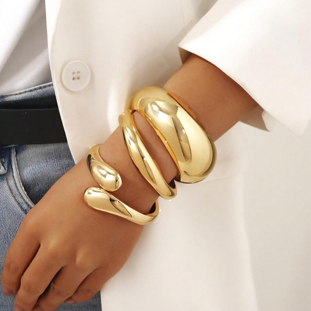 FIRAZIO 3PCS Chunky Gold Bangles Bracelets for Women Gold Plated Stackable Bracelets Bangles Set Waterproof Non Tarnish Cuff Bracelet Trendy Jewelry Gifts