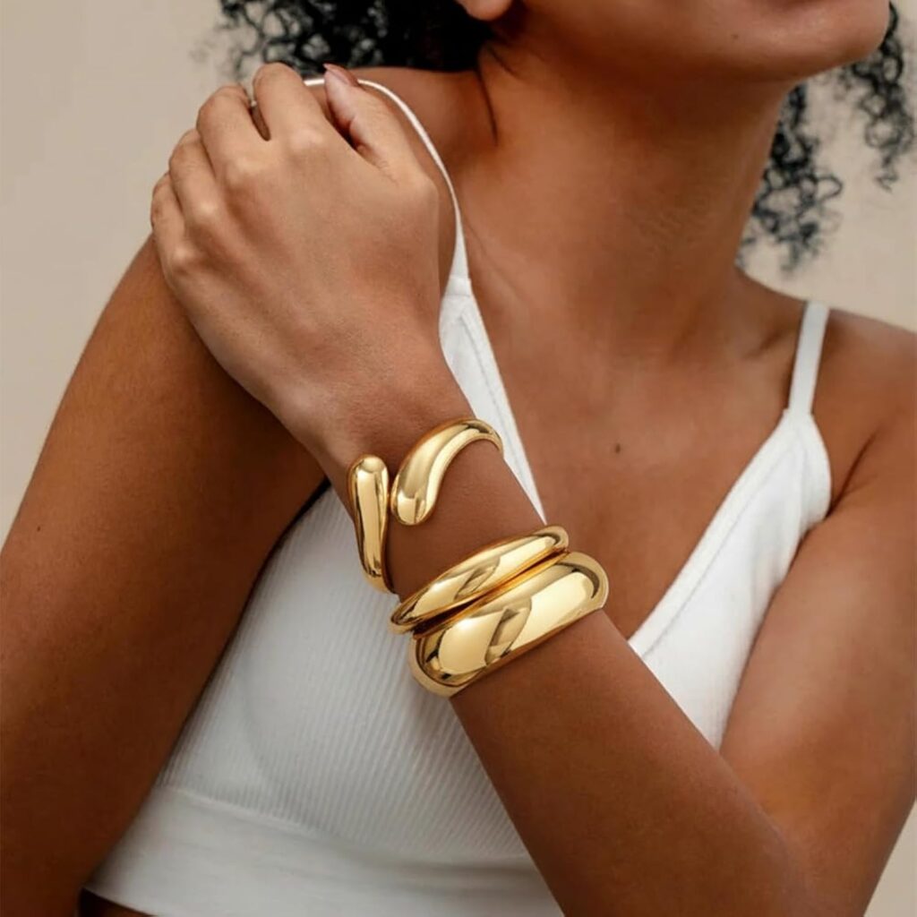 FIRAZIO 3PCS Chunky Gold Bangles Bracelets for Women Gold Plated Stackable Bracelets Bangles Set Waterproof Non Tarnish Cuff Bracelet Trendy Jewelry Gifts