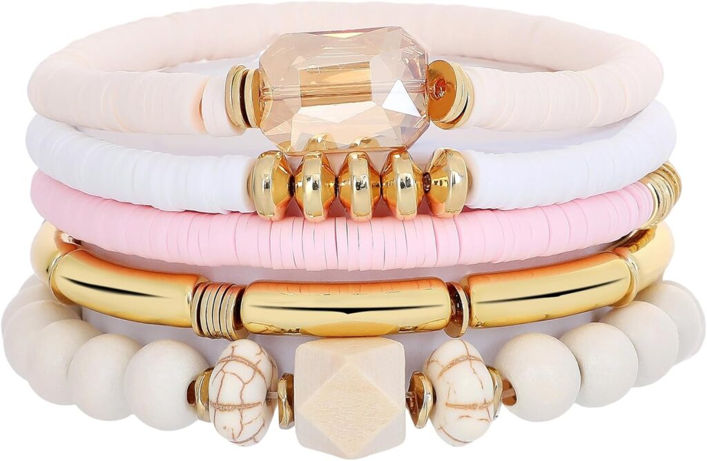 GOOJIDS Simple Beaded Gold Plated Bangles Bracelet Chunky Bamboo Tube Curved Stacking Clear Acrylic Colorful Beads Stretchable Gold Plated Bracelets Set For Women Goojids beaded gold plated bangles bracelet review photo