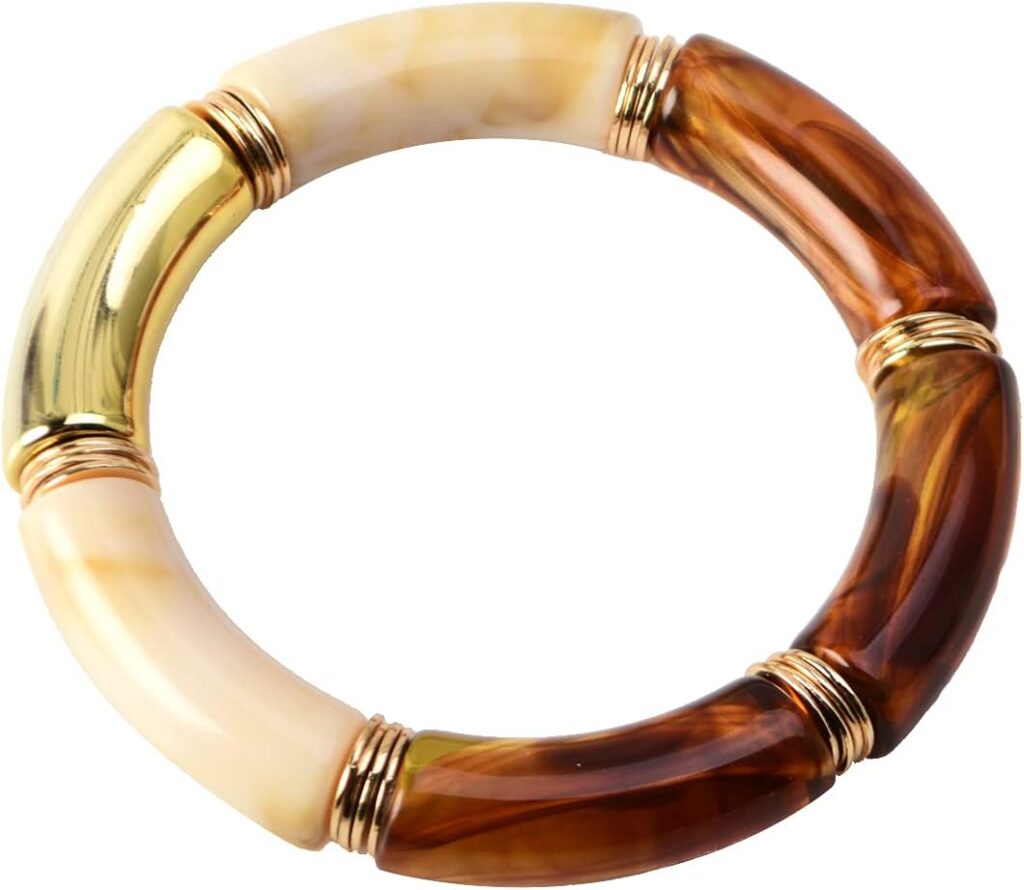 GOOJIDS Simple Beaded Gold Plated Bangles Bracelet Chunky Bamboo Tube Curved Stacking Clear Acrylic Colorful Beads Stretchable Gold Plated Bracelets Set For Women Goojids beaded gold plated bangles bracelet review photo