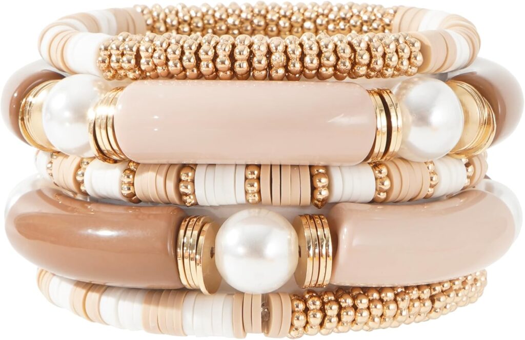 GOOJIDS Simple Beaded Gold Plated Bangles Bracelet Chunky Bamboo Tube Curved Stacking Clear Acrylic Colorful Beads Stretchable Gold Plated Bracelets Set For Women Goojids beaded gold plated bangles bracelet review illustration