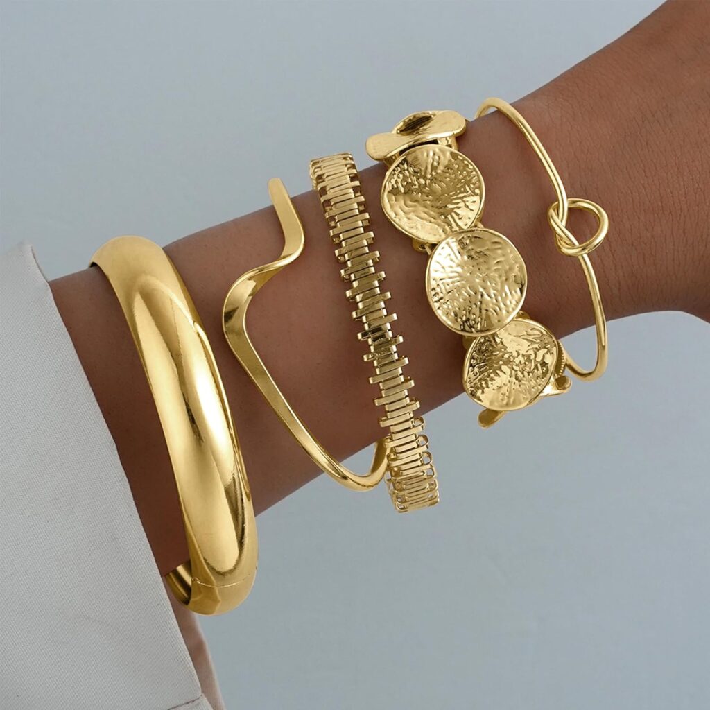 iF YOU Gold Bangle Bracelets for Women, Dainty Knot 14K Gold Plated Multi Layer Bangle Cuffs, Personalized Boho Chunky Bracelets for Women Jewelrys Set Gifts