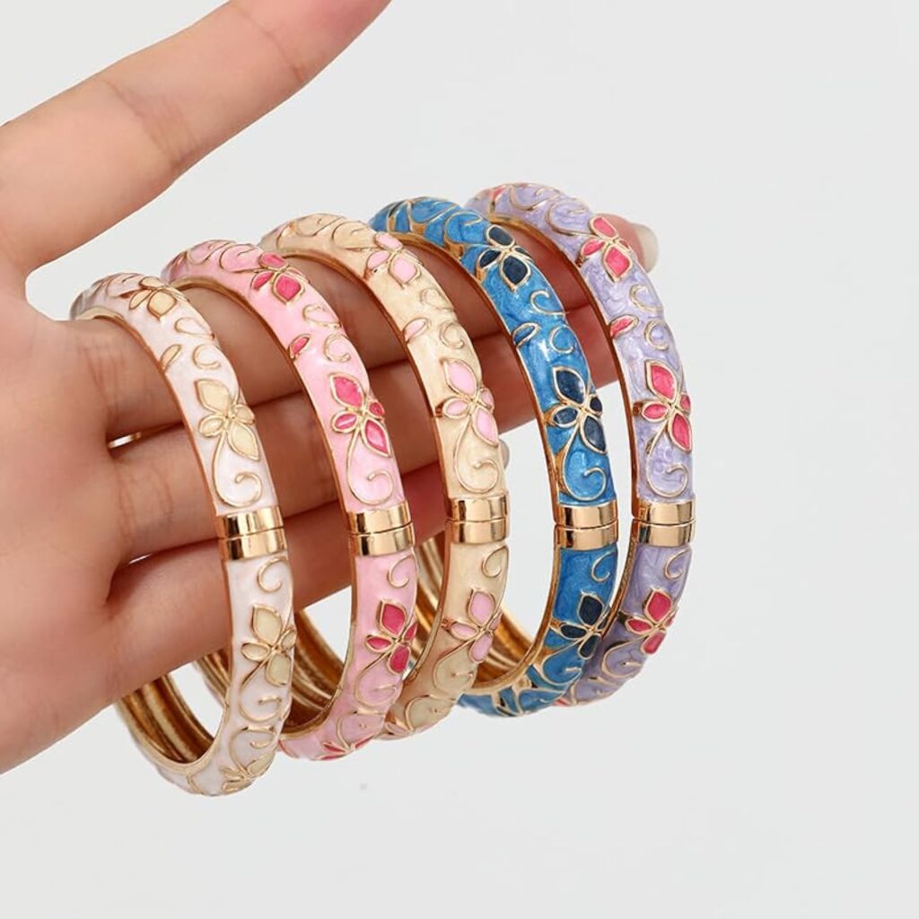 sunglnl Cloisonne Bracelet For Women, 4 Petals of Flower Shaped Enamel Bling Chunky Bangle Trendy Cute Colorful Gold Plated Vintage Bracelets Stackable Wife Jewelry Friendship Gift Sunglnl cloisonne bracelet for women review picture