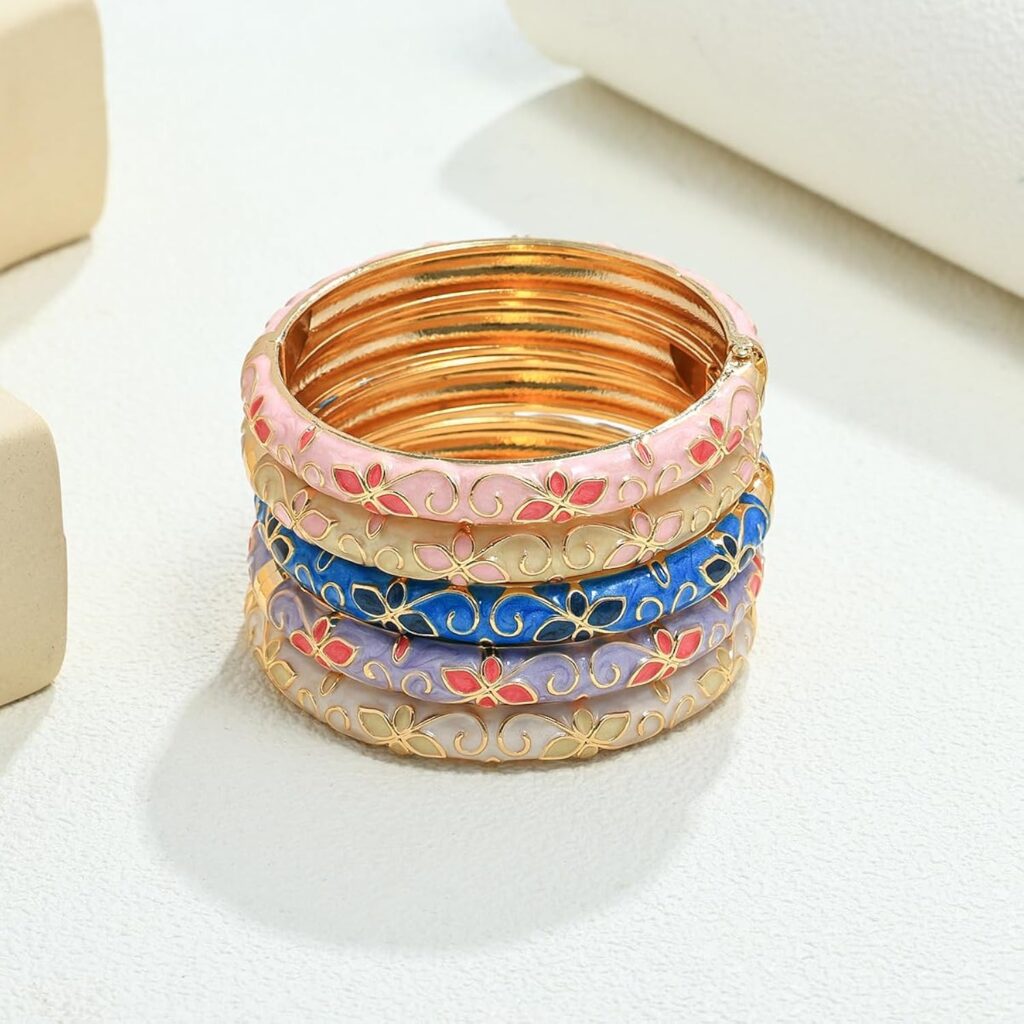 sunglnl Cloisonne Bracelet For Women, 4 Petals of Flower Shaped Enamel Bling Chunky Bangle Trendy Cute Colorful Gold Plated Vintage Bracelets Stackable Wife Jewelry Friendship Gift Sunglnl cloisonne bracelet for women review visual