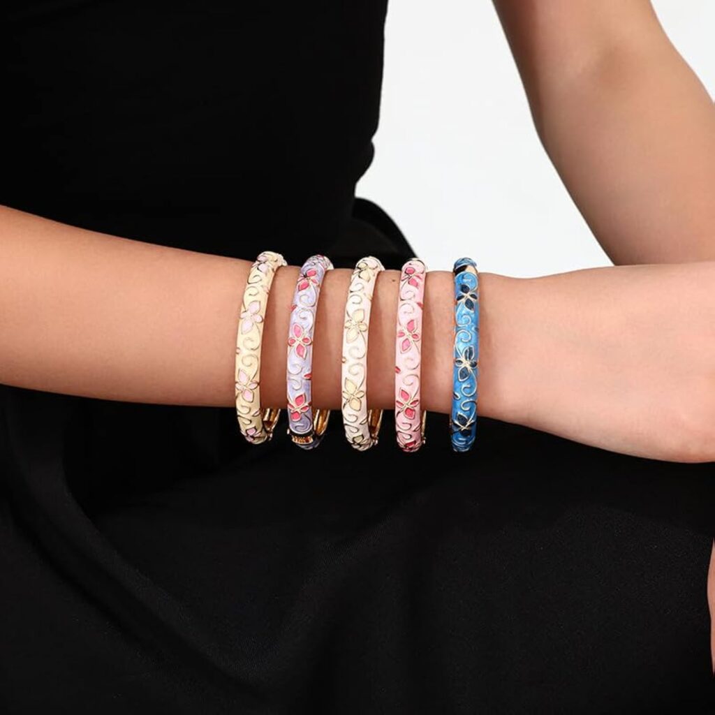 sunglnl Cloisonne Bracelet For Women, 4 Petals of Flower Shaped Enamel Bling Chunky Bangle Trendy Cute Colorful Gold Plated Vintage Bracelets Stackable Wife Jewelry Friendship Gift Sunglnl cloisonne bracelet for women review visual