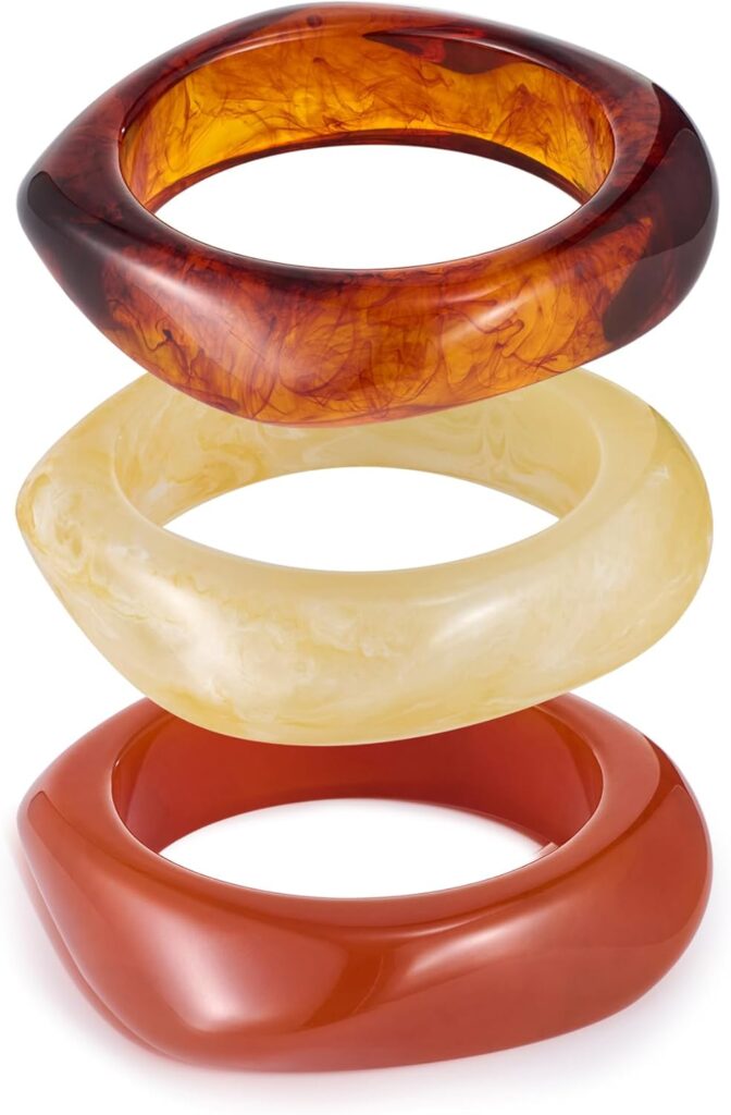 WOWORAMA 3pcs Colorful Resin Acrylic Bangle Bracelets Set for Women Wide Chunky Acrylic Bracelets Stackable Geometric Acetate Resin Bangles Stack Plastic Statement Bracelet