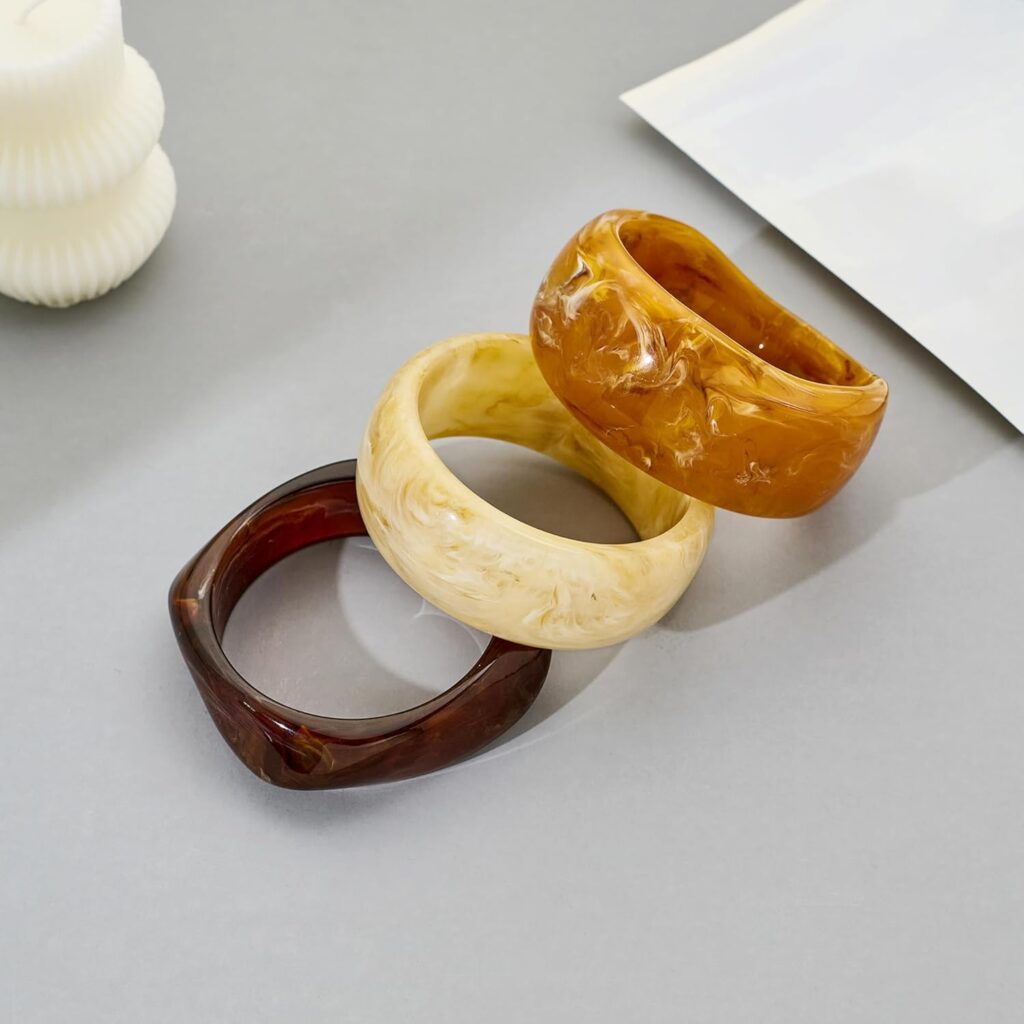 WOWORAMA 3pcs Colorful Resin Acrylic Bangle Bracelets Set for Women Wide Chunky Acrylic Bracelets Stackable Geometric Acetate Resin Bangles Stack Plastic Statement Bracelet