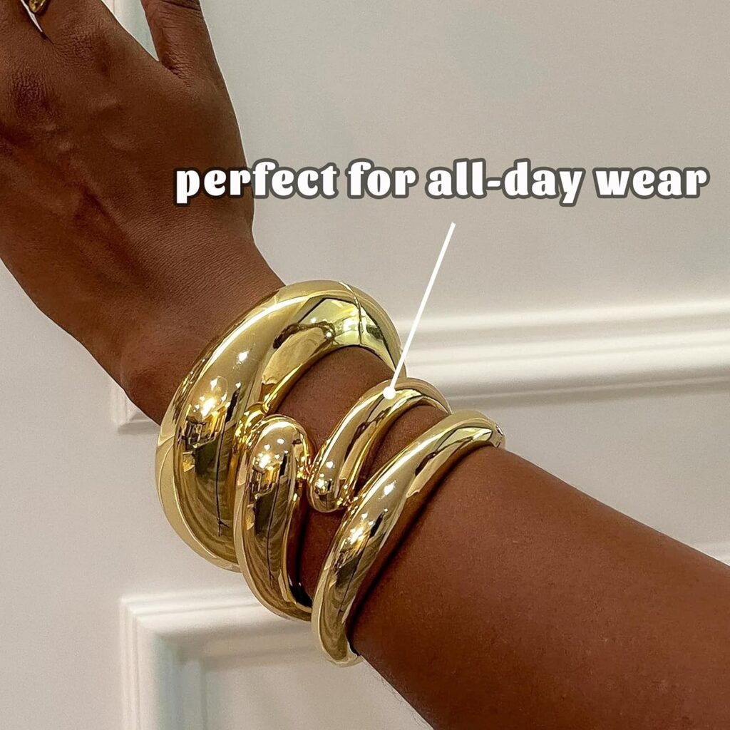 Dodder Chunky Gold Bangle Bracelets for Women, 14K Gold Plated Bangle Cuff Bracelet Set, Gold Bracelet Stack Dodder chunky gold bangle set review photo