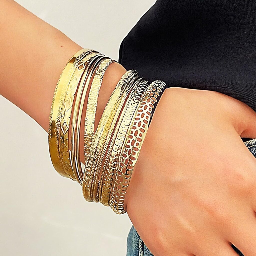 Gold bangle bracelets multi layer stackable textured review picture