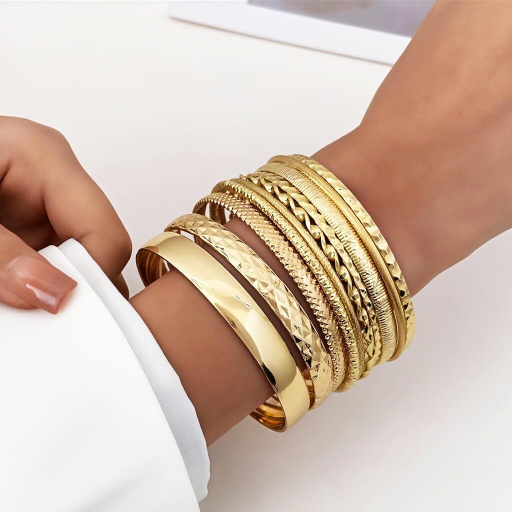Gold bangle bracelets multi layer stackable textured review photo