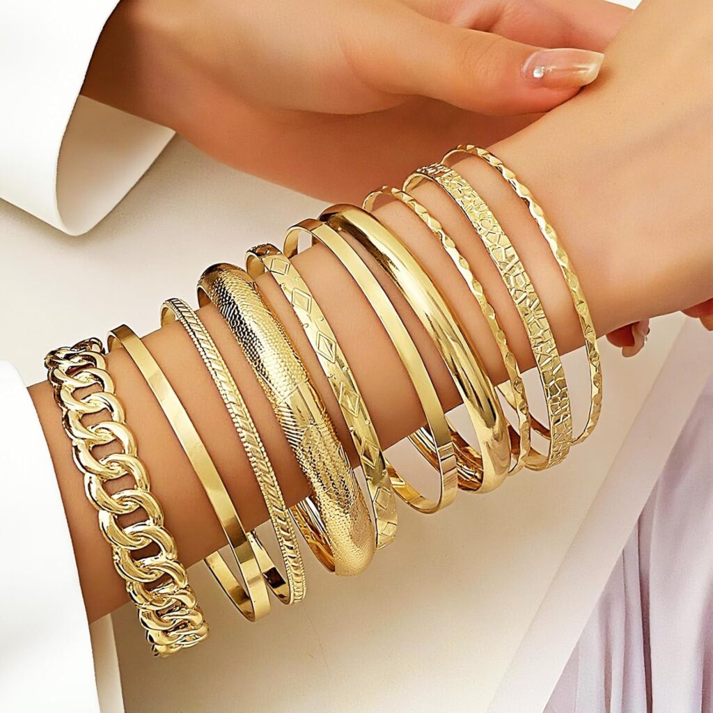 Gold bangle bracelets multi layer stackable textured review visual