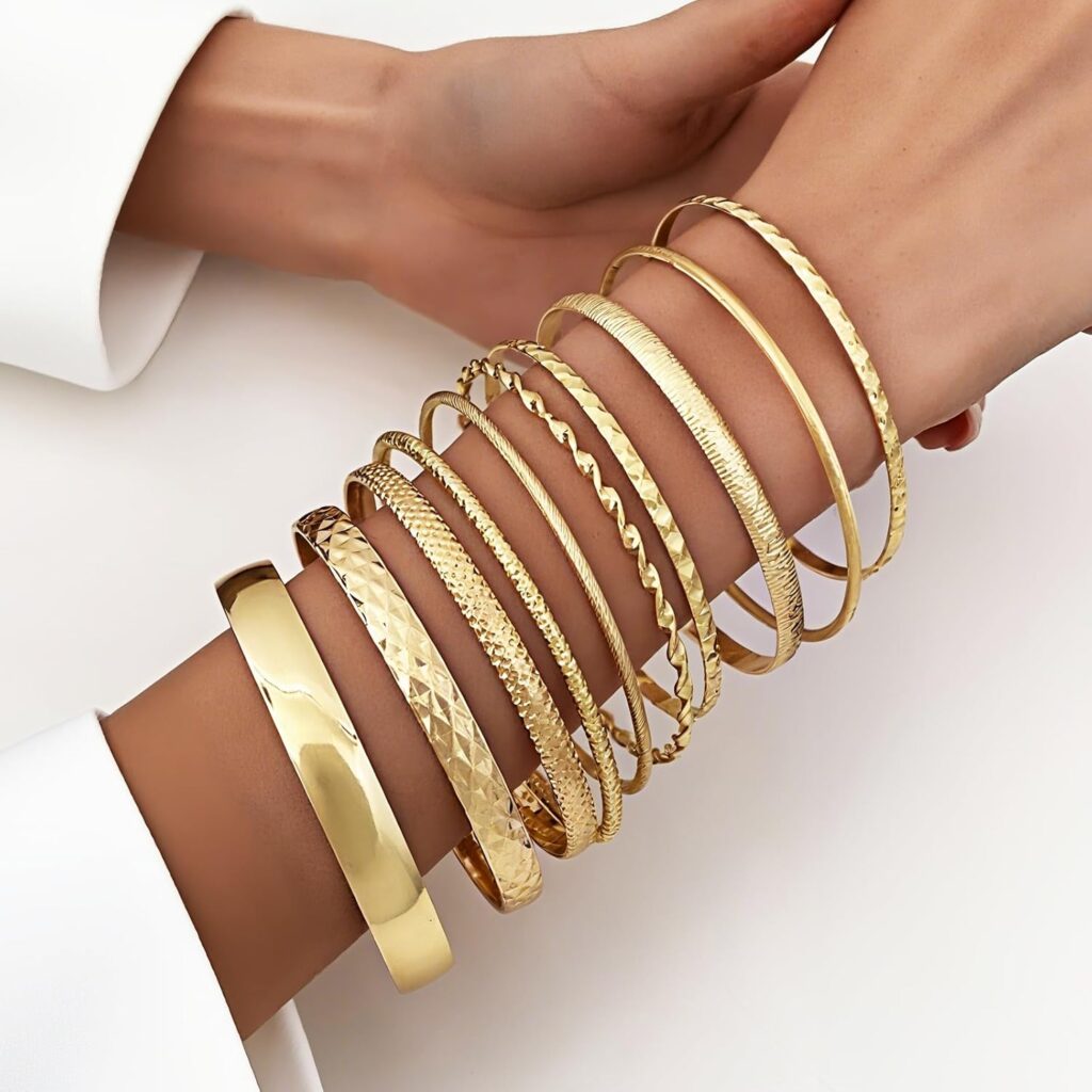 Gold bangle bracelets multi layer stackable textured review image