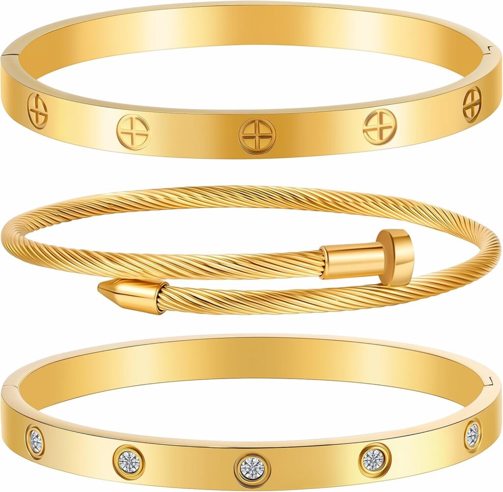 Gold Bracelets for Women - Stackable Bangles with Love Friendship Theme - Stainless Steel Jewelry Gift for Her Gold bracelets for women review illustration