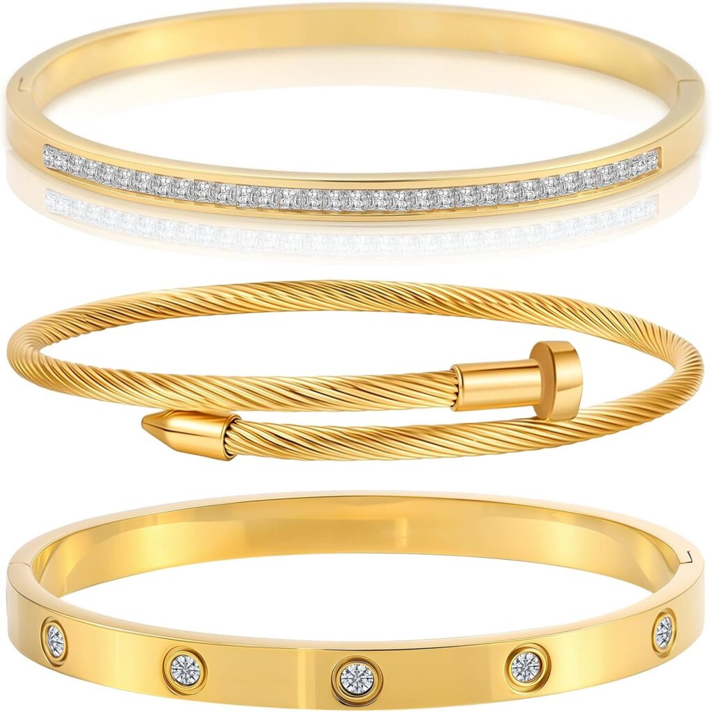 Gold Bracelets for Women - Stackable Bangles with Love Friendship Theme - Stainless Steel Jewelry Gift for Her Gold bracelets for women review image