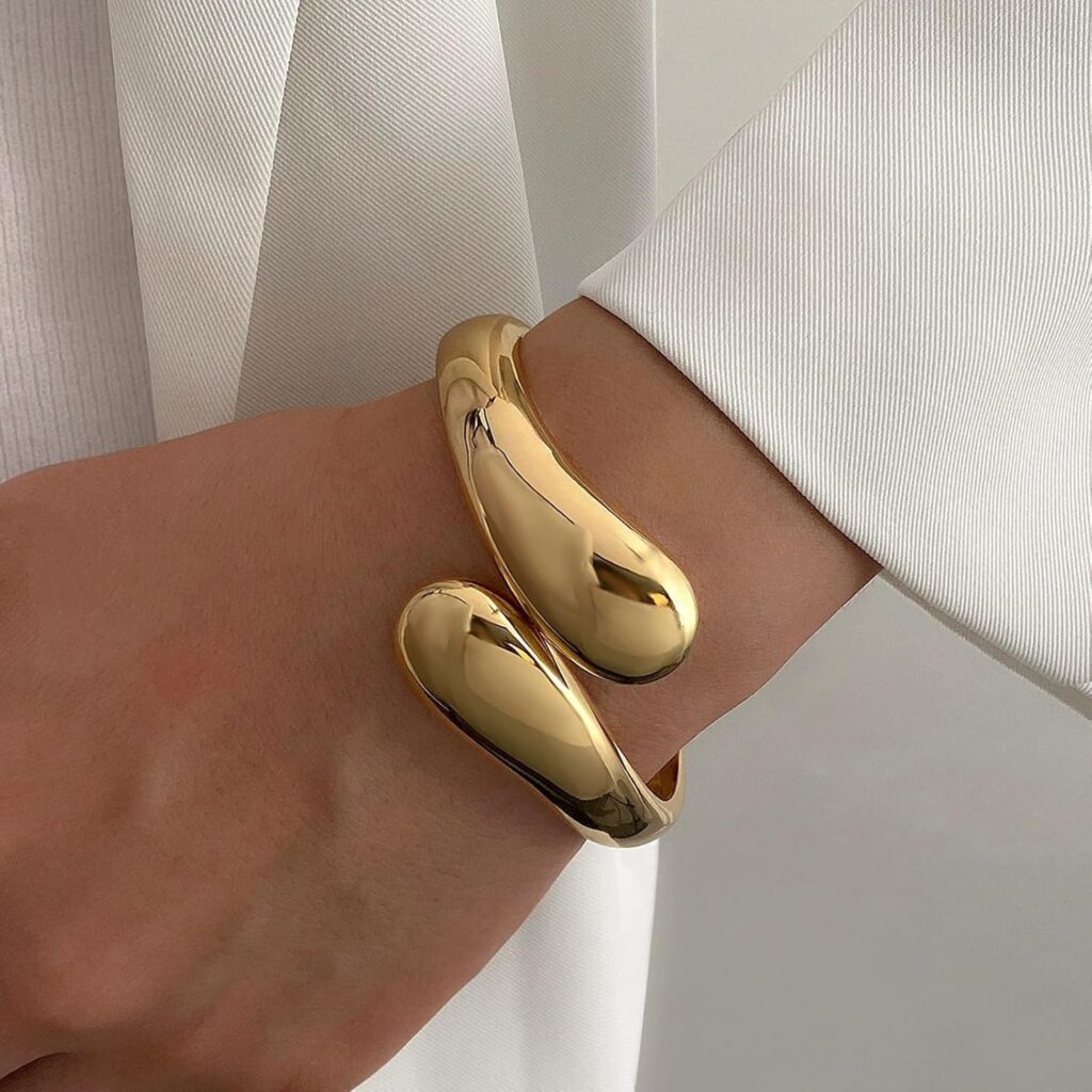 Gold Silver Bangles Bracelet for Women Trendy, 14K Gold Plated Dainty Thick Chunky Cuff Bracelet Stack Gold silver bangles bracelet for women review illustration