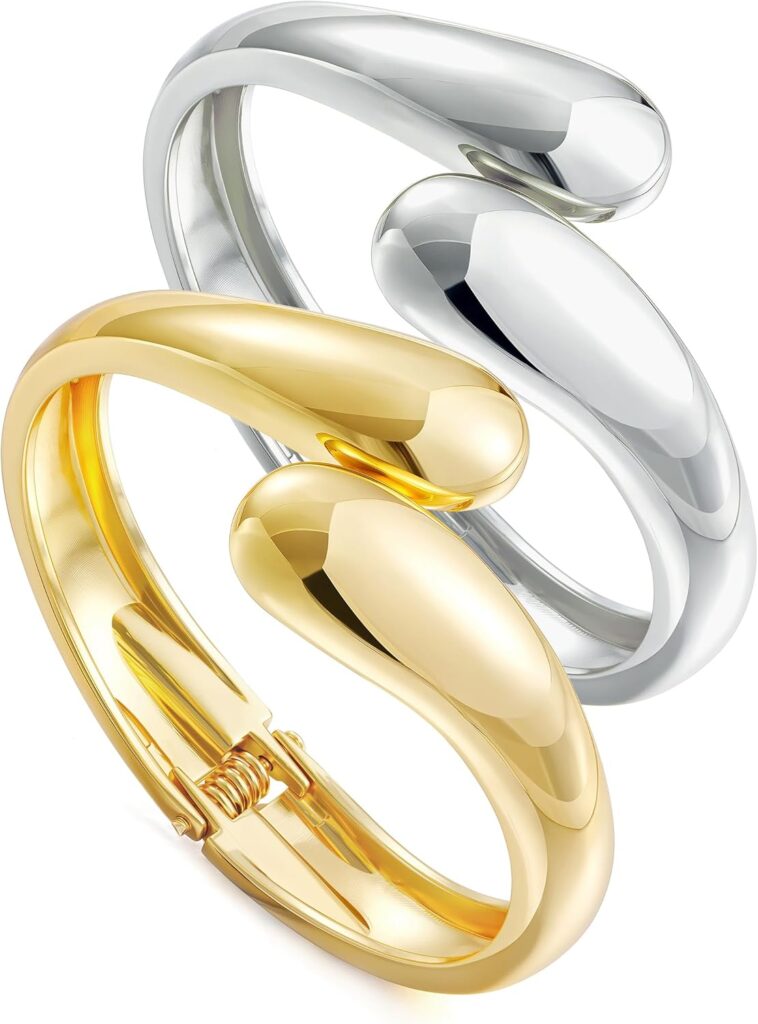 Gold Silver Bangles Bracelet for Women Trendy, 14K Gold Plated Dainty Thick Chunky Cuff Bracelet Stack Gold silver bangles bracelet for women review picture